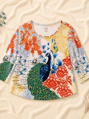 ALIA Peacock Bird Print Top Petite Medium Rhinestone Artsy Boho PM